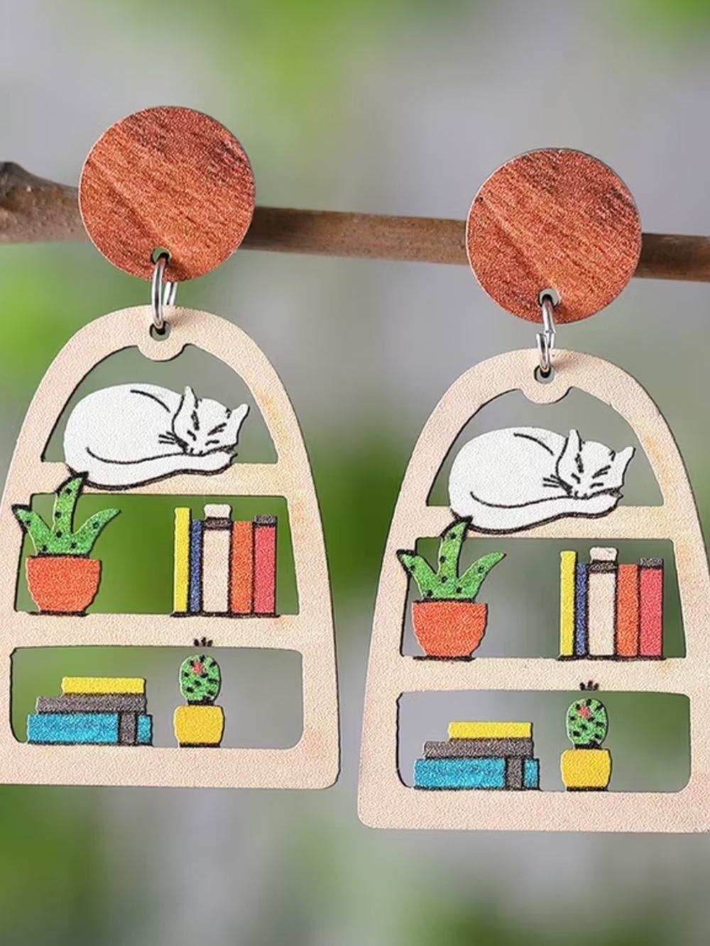 Cat & Bookshelf Dangle Earrings in Wood Tones and Pastel Colors